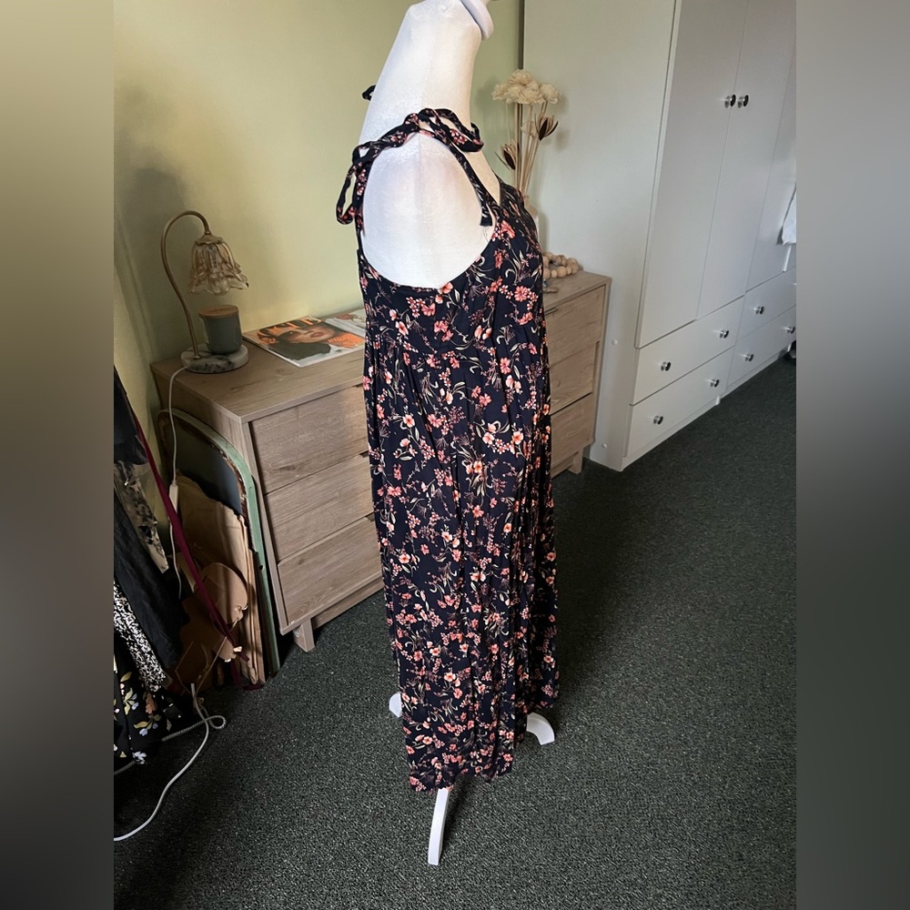Navy Floral Print Midi Swing Tie Shoulder Square Neck Casual Flowy Summer Dress - Picture 10 of 16